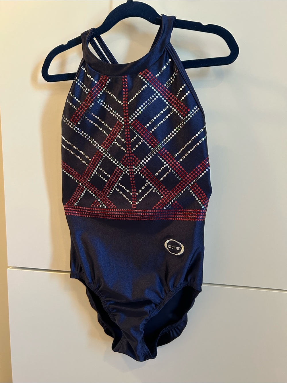 Zone Navy Leotard with Red & Silver Geometric Sequins - Adult Small - Picture 6 of 8